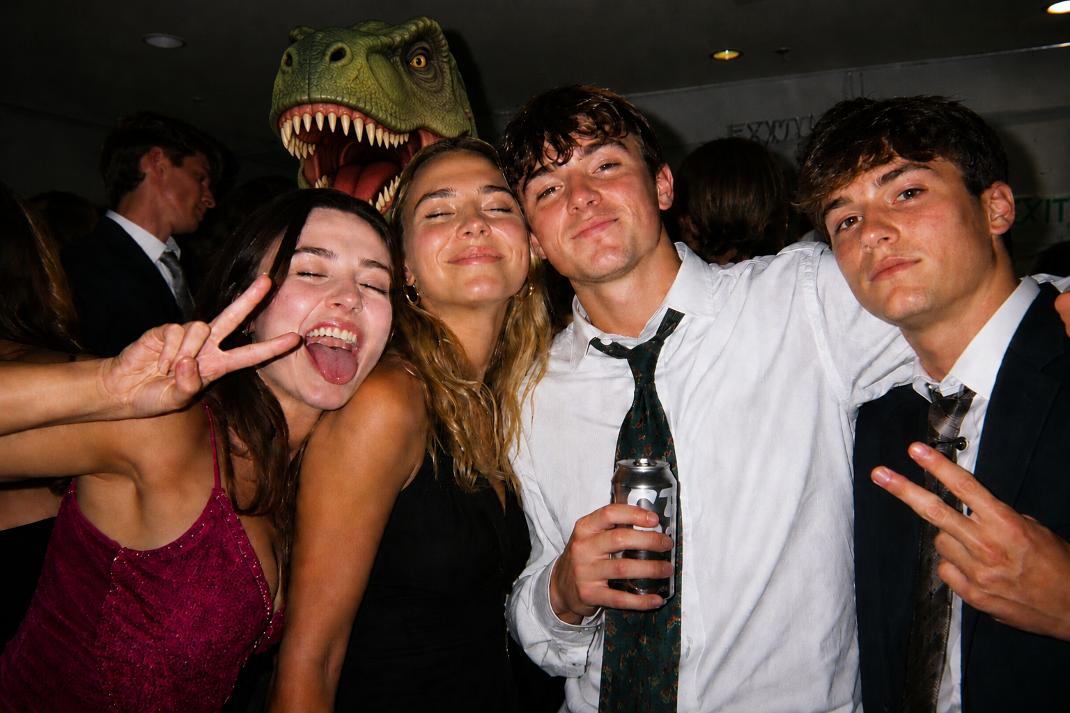 Friends posing with a dinosaur party crasher in the background
